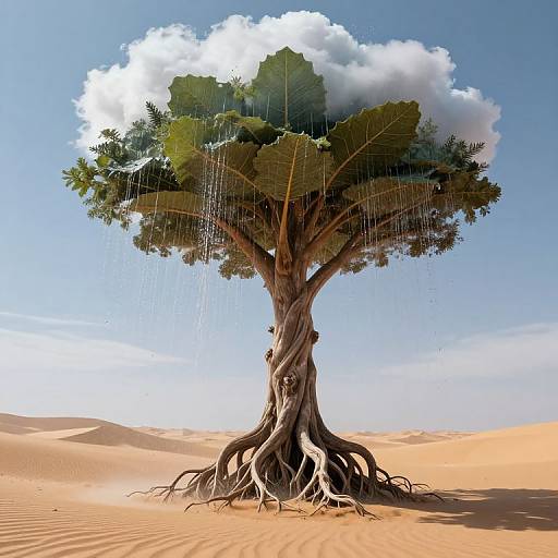 Digital artwork of a tree with raindrops falling from its leaves, standing in a sandy desert under a bright blue sky.