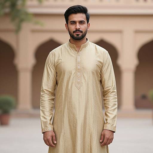 Photograph of a bearded South Asian man with short black hair, wearing a gold traditional long kurta, standing in front of a beige arched