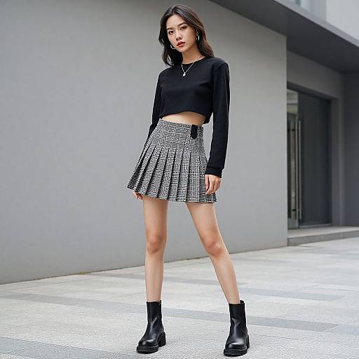Photograph of a slender young woman with long brown hair, wearing a black long-sleeve crop top, black-and-white checkered mini skirt,
