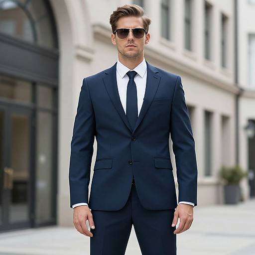 Photograph of a handsome, tall, light-skinned man with short brown hair, wearing a dark blue suit, white shirt, black tie, and