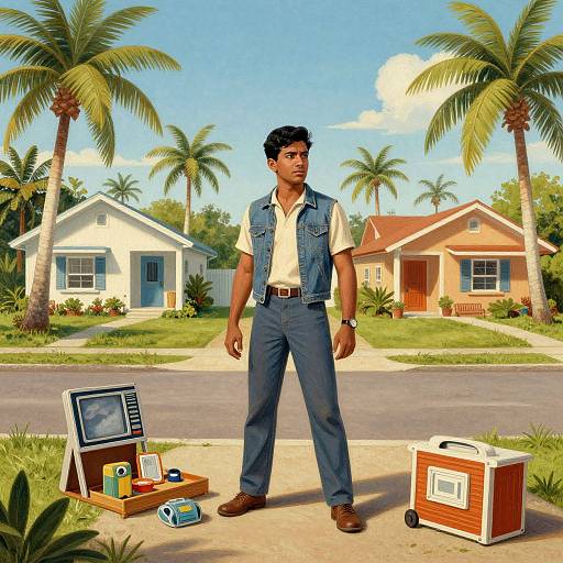 Digital art of a serious dark-haired man in denim vest and pants, standing in front of suburban houses, with a suitcase, TV, and cooler on