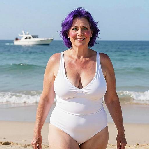 Mature Woman with Purple Hair on Beach