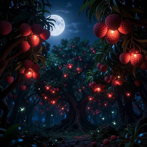 Digital artwork of a moonlit night orchard with glowing red fruits, fireflies, and a full moon in a dark, magical forest.