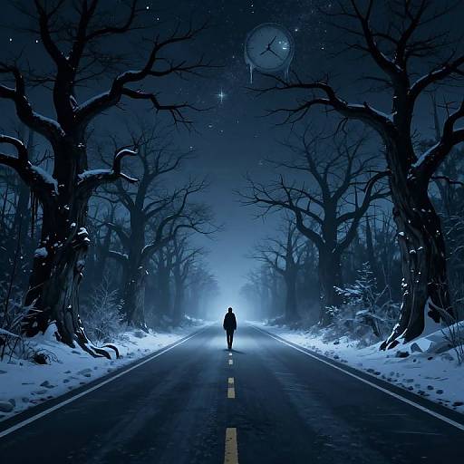 Digital art: Silhouetted lone figure walking down a snow-covered, moonlit road flanked by dark, leafless trees under a starry