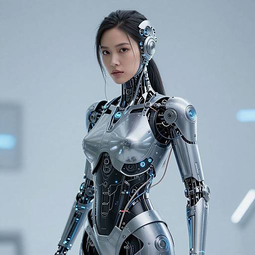 Photorealistic CGI of an Asian woman with long black hair, wearing a sleek, metallic, cybernetic bodysuit, standing in a bright