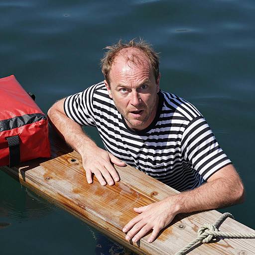 Man holding wooden plank in water