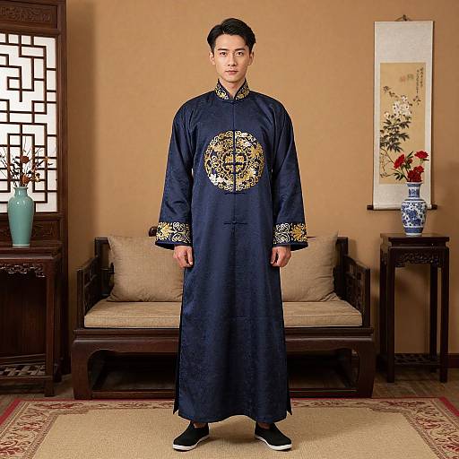 Photograph of an Asian man in traditional dark blue Chinese robe with gold embroidery, standing in a warmly lit room with wooden furniture and floral artwork.