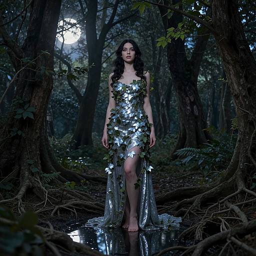 Photograph of a pale-skinned woman with long dark hair, wearing a shimmering silver dress adorned with leaves, standing in a moonlit, forest