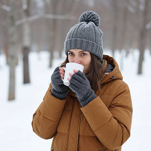 Photograph of a smiling woman with dark brown hair, wearing a gray knit hat, brown puffer jacket, and black gloves, sipping from a