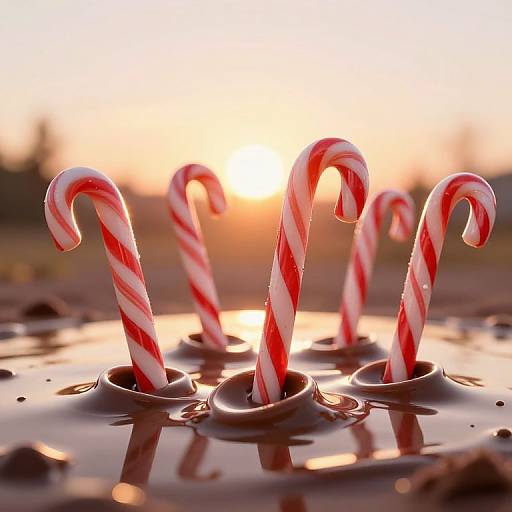 Photograph of five red and white striped candy canes emerging from a reflective, liquid surface at sunset, with a warm orange and pink sky in the