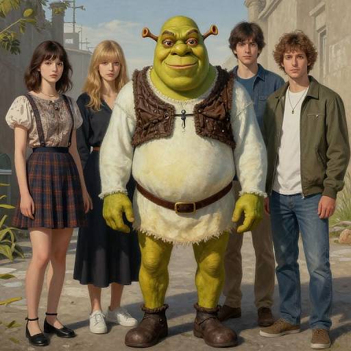 Photograph-style CGI: Four teenagers stand beside a green, orc-like creature in medieval attire with a cross necklace, in a sunlit courtyard.