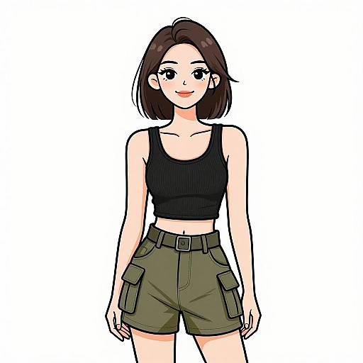 Digital anime-style drawing of a cute, fair-skinned young woman with short brown hair, wearing a black crop top and green cargo shorts, standing against