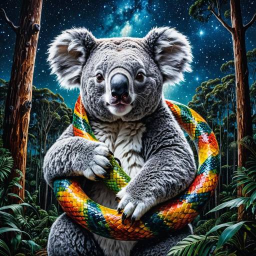 Koala Entwined with Colorful Serpent in Starry Rainforest Koala Entwined with Colorful Serpent in Starry Rainforest
