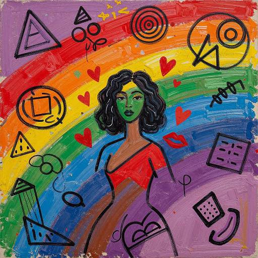 Vibrant digital painting of a green-skinned woman with black hair in a red top, surrounded by colorful rainbow, hearts, and geometric shapes.