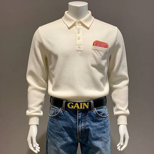 Photograph of a headless white mannequin wearing a white, textured polo shirt with a red pocket square, blue jeans with a black belt labeled