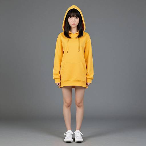 Photograph of an Asian woman with straight black hair, wearing a bright yellow hoodie, standing against a plain gray background, white sneakers, and neutral expression