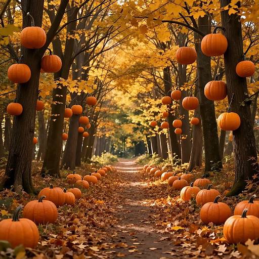 Photograph of a vibrant autumn forest path lined with hanging and scattered bright orange pumpkins, golden leaves, and tall trees.