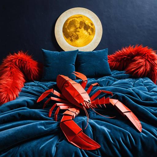 Velvet Origami Lobster Sculpture on Quilted Bed