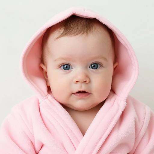 Photograph of a fair-skinned baby with blue eyes, wearing a soft pink hooded bathrobe, against a plain white background.