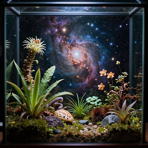 Photograph of a vibrant aquarium with exotic plants, colorful flowers, and a glowing spiral galaxy backdrop, enclosed in a clear glass tank.
