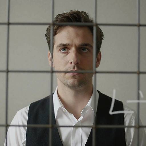 Man Behind Metal Grid with Mathematical Equations