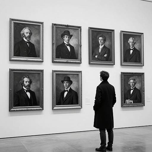 Man Observing Vintage Portraits in Art Gallery