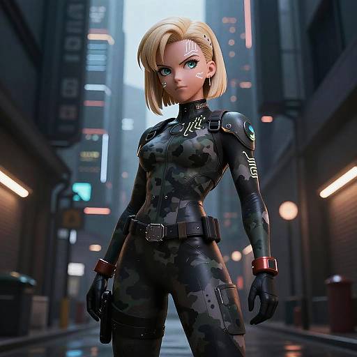 Cyberpunk Android 18 in Shadowy Alleyways