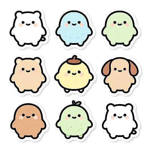 Digital drawing of nine cute, chibi-style, cartoon animals with simple black outlines and pastel colors, arranged in a 3x3 grid.