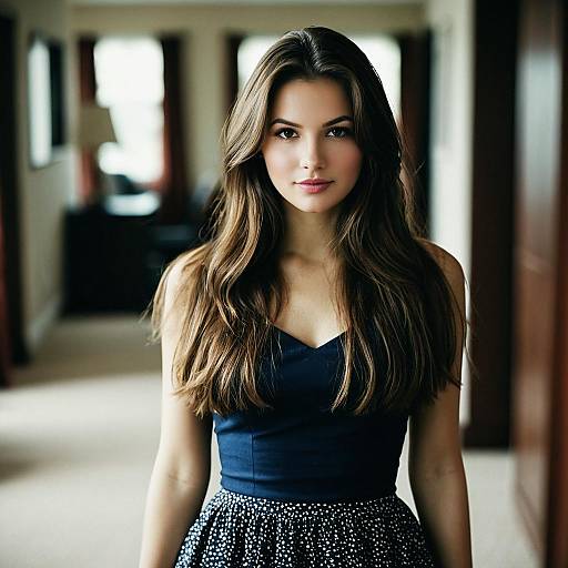 Young Woman in Navy Dress with Long Brown Hair