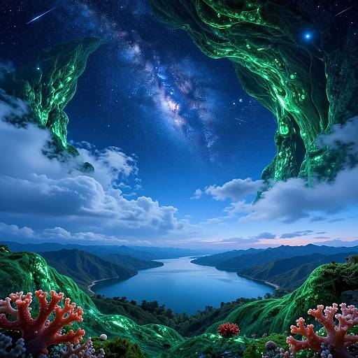 Digital art: glowing green rock arch frames starry night sky over a serene blue lake, surrounded by lush mountains and coral reefs.