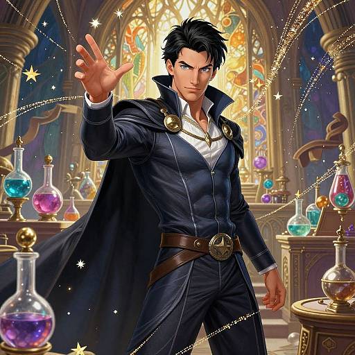 Digital anime-style illustration of a handsome, muscular man with black hair and blue eyes, casting a spell with an outstretched hand in a magical laboratory