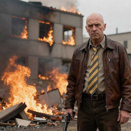 Intense Bald Man in Fiery Wreckage