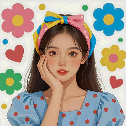 Young Asian Woman with Colorful Bow and Polka Dot Dress