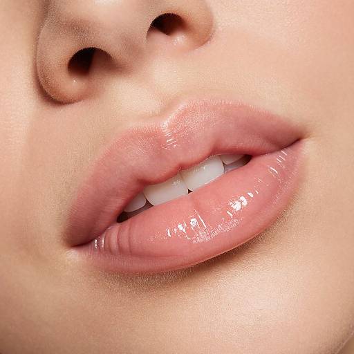 Close-up photograph of a woman's slightly parted glossy pink lips with white teeth, smooth fair skin, and visible nose.