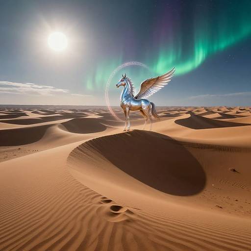 Photograph of a metallic, winged horse with a glowing aura standing on a sand dune under a bright sun and green aurora. Desert landscape