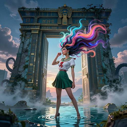 Digital artwork: Anime girl with colorful neon hair stands in water before ancient, ruined archway at sunset, wearing school uniform.