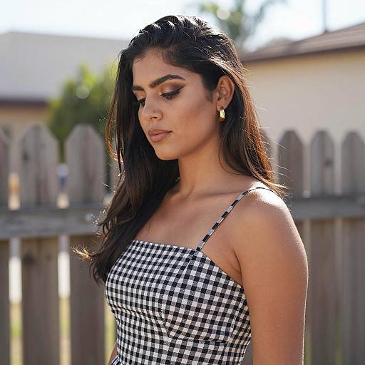 Woman in Checkered Dress Outdoors