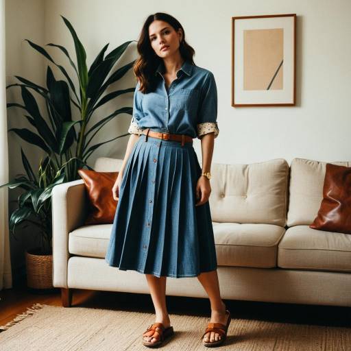 Woman in casual chambray outfit in living room