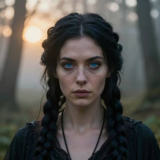 Photograph of a serious young woman with striking blue eyes, dark braided hair, and fair skin, standing in a misty forest at sunrise.