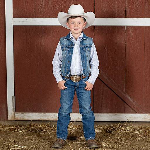 Photograph of a young boy in a white cowboy hat, blue denim vest, shirt, jeans, and brown boots, standing in front of a red