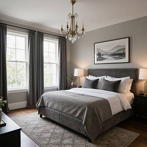 Elegant bedroom photograph: Grey upholstered bed with white and grey pillows, dark grey blanket, black framed mountain artwork, two lit lamps, chandelier