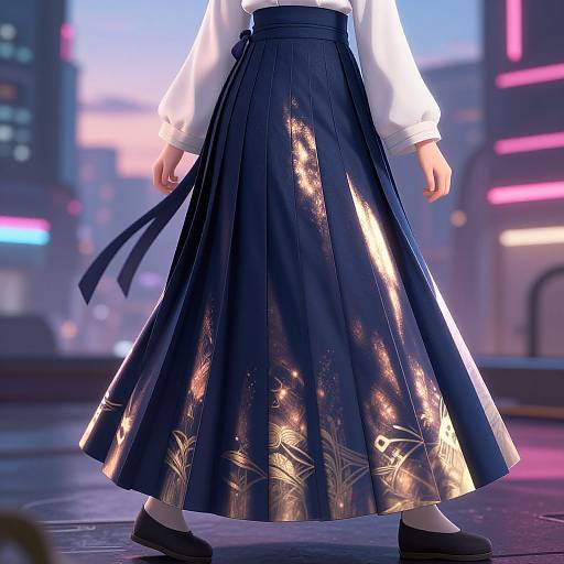 Photograph of a woman in a white long-sleeve shirt and dark blue floral-patterned hakama skirt, standing in a neon-lit urban