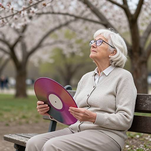 Photograph of an elderly woman with white hair, glasses, and gray cardigan, holding a purple frisbee, sitting on a park bench among
