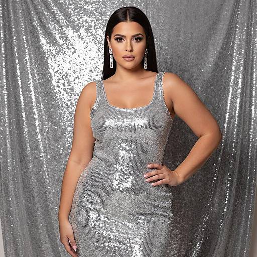 Confident Woman in Silver Sequin Dress