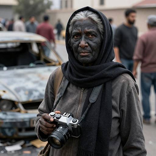 Woman with Camera by Burned Car
