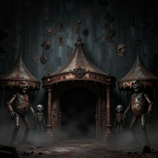 Dark, eerie digital artwork of three skeletal, rotted robots standing before rusted, tented archways adorned with skulls and gears in a fog