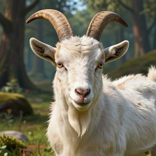 Photograph of a white goat with curved black horns standing in a sunlit forest, looking directly at the camera.