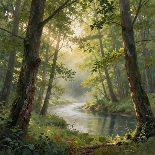 Photorealistic digital painting of a sunlit forest with tall trees, lush green foliage, a reflective stream, and misty morning light filtering through the
