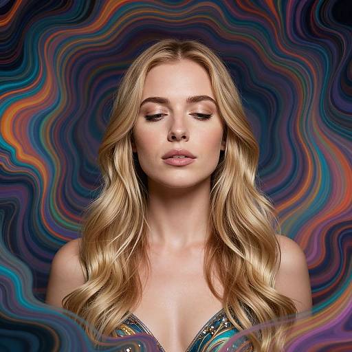 Photograph of a blonde woman with wavy hair, closed eyes, and neutral expression, wearing a metallic top, against a vibrant, swirling, mult