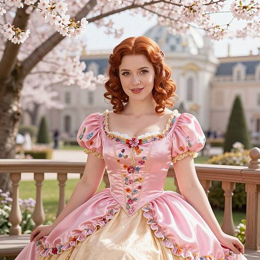 Photograph of a red-haired woman in a pink and cream ball gown with floral embroidery, standing on a balcony amidst blooming cherry blossoms and a